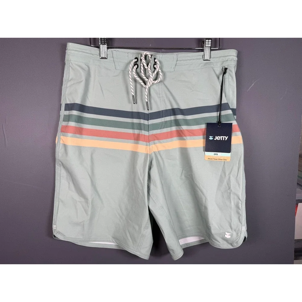 NWT Jetty Atlantic Boardshorts Swim Trunks Mens 32 Fog Green Striped Oystex